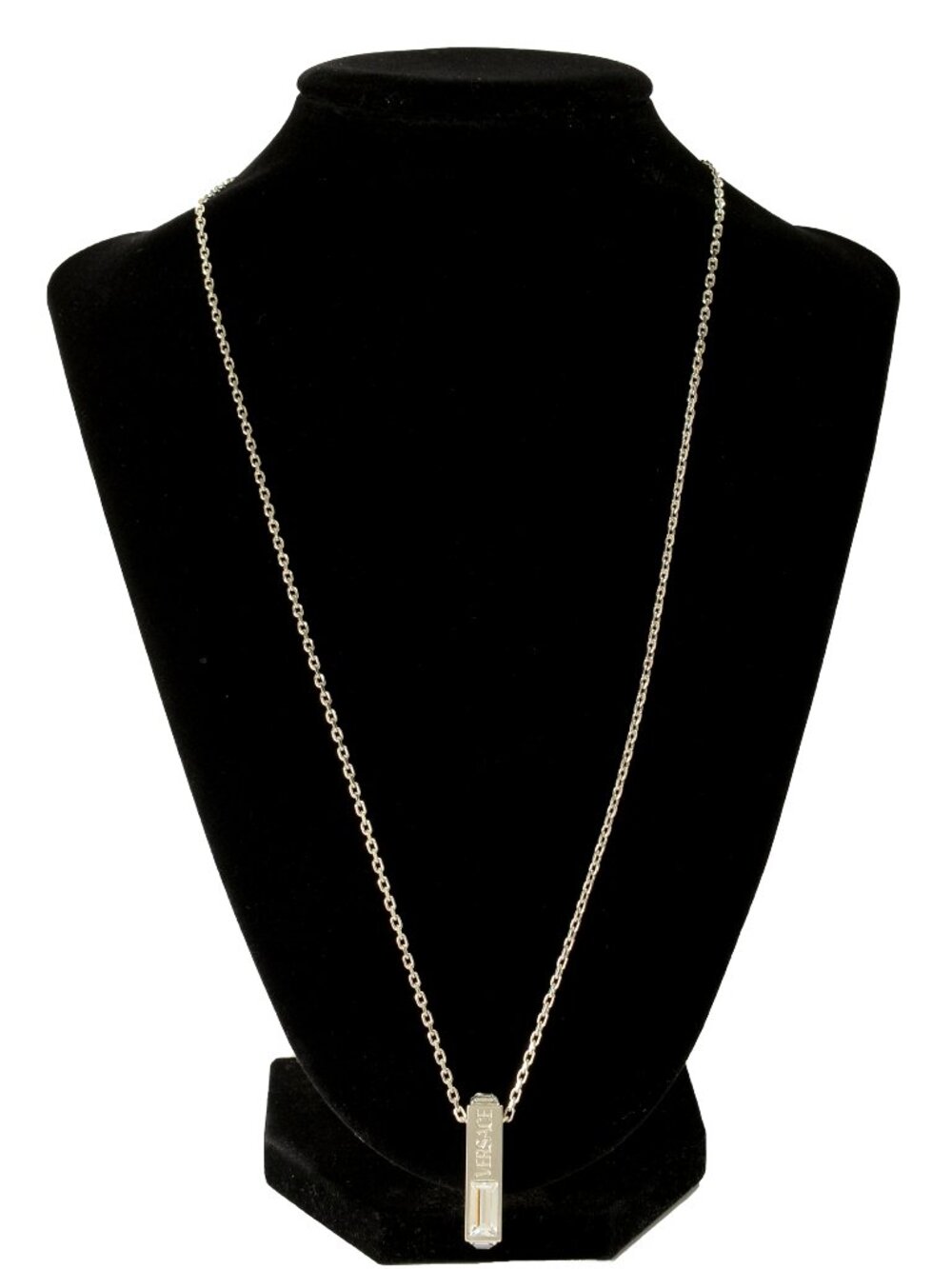 Versace Silver Color Metal & Strass Logo Engraved Pendant Necklace